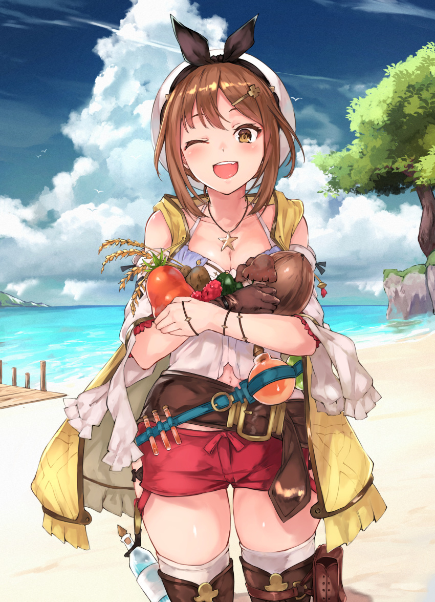 absurdres atelier_(series) atelier_ryza beach belt blue_belt brown_belt brown_eyes brown_hair cloud cloudy_sky food gloves highres holding holding_food jewelry leather leather_belt leather_gloves maki_(maki_pei) necklace ocean open_mouth red_shorts reisalin_stout round-bottom_flask short_shorts shorts sky sleeveless sleeveless_jacket star star_necklace thick_thighs thighs tree vial white_headwear