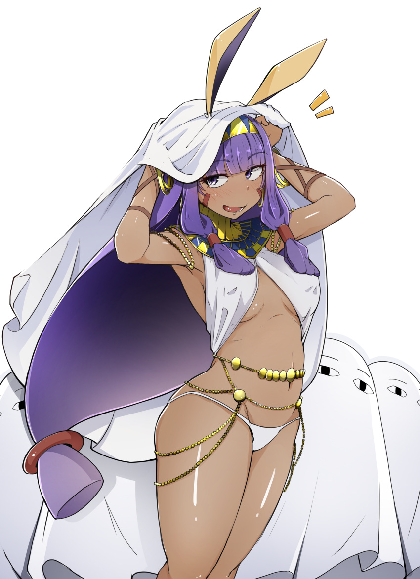 &lt;o&gt;_&lt;o&gt; 1girl :d absurdres animal_ears armpits arms_up bangs big_hair bikini blanket blunt_bangs blush breasts commentary_request covered_nipples dark_skin earrings eyebrows_visible_through_hair facial_mark fate/grand_order fate_(series) flanvia hairband highres hoop_earrings jackal_ears jewelry long_hair looking_at_viewer medium_breasts medjed navel nitocris_(fate/grand_order) nitocris_(swimsuit_assassin)_(fate) open_mouth purple_eyes purple_hair sidelocks simple_background smile solo_focus standing stomach swimsuit thighs two-tone_hairband under_covers very_long_hair white_background white_bikini