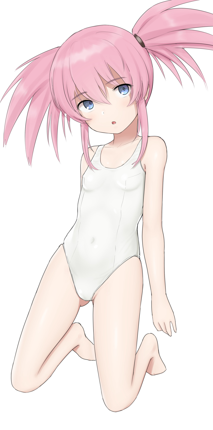 1girl absurdres barefoot blue_eyes breasts commentary_request full_body highres kneeling long_hair looking_at_viewer no_toes nyarukac open_mouth pink_hair presea_combatir simple_background small_breasts solo swimsuit tales_of_(series) tales_of_symphonia twintails white_background white_swimsuit