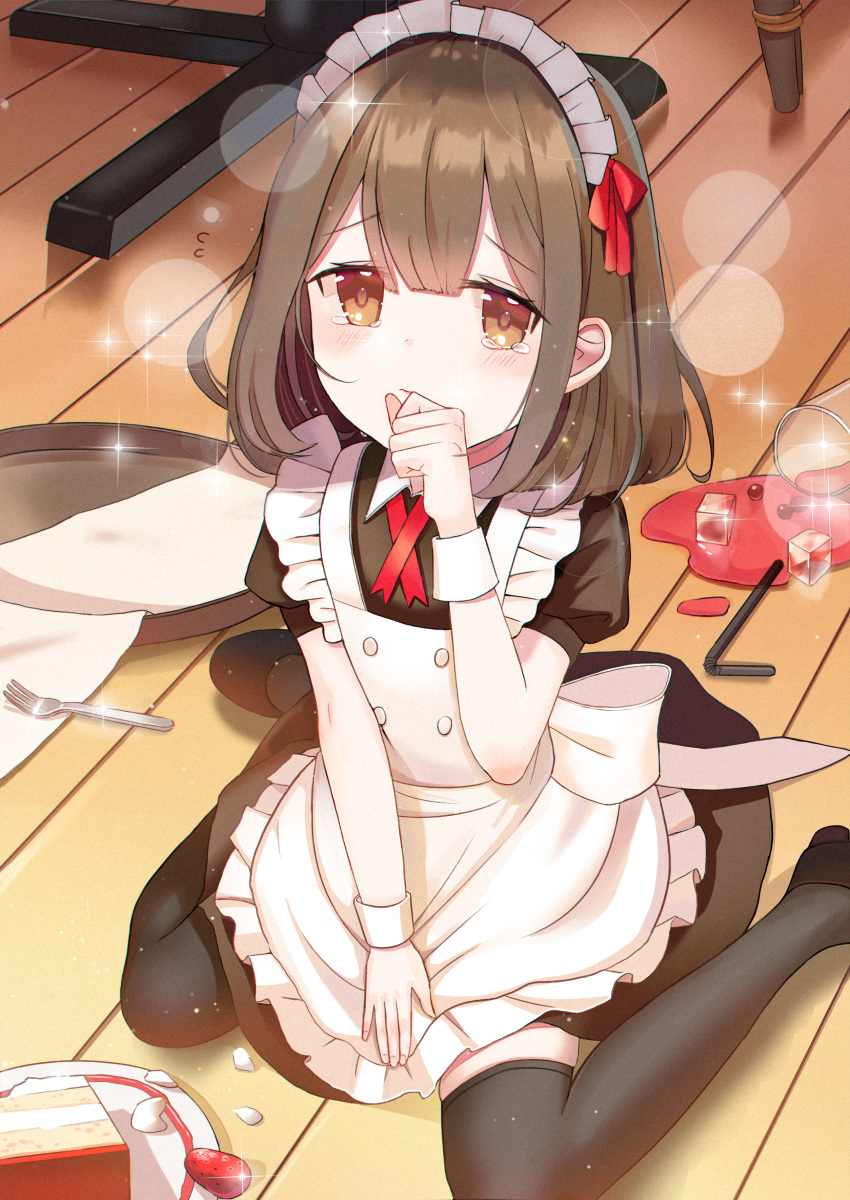 1girl absurdres apron black_legwear brown_eyes brown_hair cake drinking_straw failure food fork glass glint hand_up highres ice ice_cube indoors iren_lovel looking_at_viewer maid maid_apron maid_headdress medium_hair original pantyhose sitting slice_of_cake solo spill tearing_up thighhighs tray waitress wariza wrist_cuffs