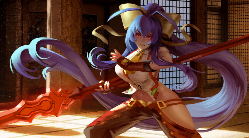 1girl antenna_hair backlighting behind_back black_gloves black_pants blazblue blazblue:_cross_tag_battle blue_hair bow breasts commentary english_commentary fighting_stance fingerless_gloves genderswap genderswap_(mtf) gloves hair_ribbon halter_top halterneck highres hip_vent holding holding_weapon indoors jacky_lau large_breasts lowleg lowleg_pants mai_natsume making-of_available navel no_bra outseal pants pink_eyes polearm ponytail revealing_clothes ribbon sideboob sleeveless solo spear twitter_username weapon yellow_bow yellow_ribbon zipper_pull_tab