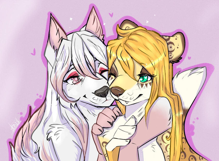 amaryllis_(amy)_sharmila anthro brown_nose brown_spots canid canine canis cheetah duo felid feline female fingers fur hair hi_res long_hair mammal multicolored_body multicolored_fur sakuradlyall songgoishtar spots spotted_body spotted_fur two_tone_body two_tone_fur white_body white_fur wolf