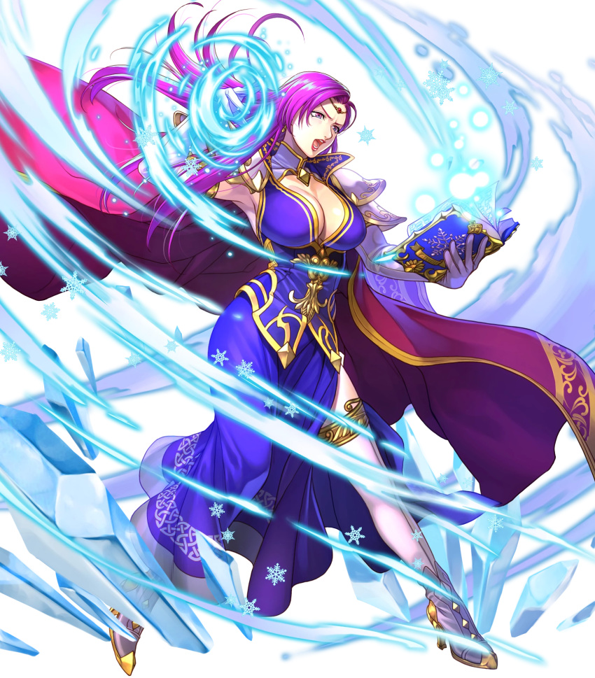 1girl armor boots breasts brunnya_(fire_emblem) cape circlet cleavage earrings elbow_gloves fire_emblem fire_emblem:_the_binding_blade fire_emblem_heroes full_body gloves highres jewelry large_breasts lipstick long_hair makeup official_art purple_eyes purple_hair side_slit solo thigh_boots thighhighs transparent_background yoneko_okome99