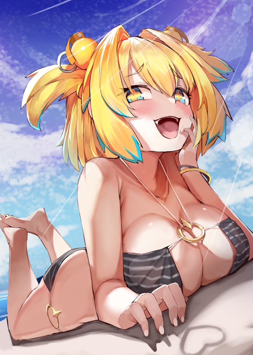 +_+ 1girl beach bikini blonde_hair blue_eyes blue_sky bombergirl breasts chin_rest cleavage commentary_request day eyepatch_bikini gesugao gradient_hair grenade_hair_ornament highres large_breasts lying multicolored_hair o-ring o-ring_bikini o-ring_bottom o-ring_top on_stomach open_mouth outdoors pine_(bombergirl) short_hair short_twintails sky smile smug solo soma_(somaing1005) swimsuit tagme twintails yellow_bikini_top yellow_pupils