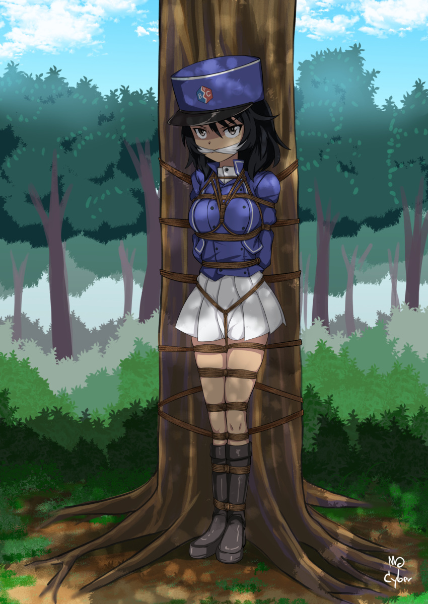 1girl andou_(girls_und_panzer) artist_name bangs bc_freedom_(emblem) bc_freedom_military_uniform bdsm black_footwear black_hair blue_headwear blue_jacket blue_sky blue_vest bondage boots bound brown_eyes cloud cloudy_sky commentary cyber_(cyber_knight) dark_skin day dress_shirt emblem english_commentary gag girls_und_panzer hat high_collar highres jacket kepi knee_boots long_sleeves looking_at_viewer medium_hair messy_hair military military_hat military_uniform miniskirt outdoors pleated_skirt rope shirt signature skirt sky solo standing tied_up tree uniform vest white_shirt white_skirt