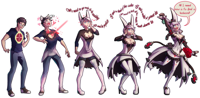 &lt;3 &lt;3_eyes 2019 absurd_res animal_humanoid black_hair bottomwear breast_growth breasts clothing collar dialogue dress elphelt_valentine female footwear gender_transformation guilty_gear hair hi_res high_heels holidays human human_to_humanoid humanoid jeans lagomorph lagomorph_humanoid leporid_humanoid male mammal mammal_humanoid mind_control mtf_transformation on_one_leg open_mouth pants rabbit_humanoid scissorsrunner sequence shirt shoes solo spiked_collar spikes standing surprise topwear torn_clothing transformation