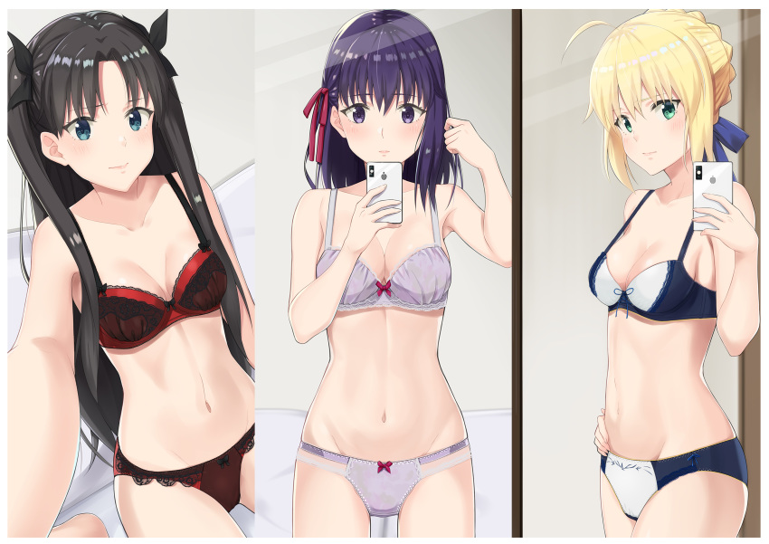 3girls absurdres ahoge artoria_pendragon_(all) bangs barefoot bed_sheet black_bow black_hair blonde_hair blue_bra blue_eyes blue_panties blue_ribbon blurry blush border bow bow_bra bow_panties bra braid braided_bun breasts cellphone cleavage closed_mouth collarbone cowboy_shot depth_of_field fate/stay_night fate_(series) green_eyes grey_background groin hair_bow hair_intakes hair_ribbon hand_in_hair hand_on_hip highres holding holding_phone iphone k-ya. kneeling long_hair looking_at_viewer matou_sakura medium_breasts mirror multiple_girls navel on_bed panties phone pillow print_bra print_panties purple_bra purple_eyes purple_hair purple_panties red_bra red_panties red_ribbon ribbon saber self_shot shiny shiny_hair short_hair simple_background sitting smartphone smile standing strap_gap toosaka_rin twintails two-tone_bra two-tone_panties underwear underwear_only very_long_hair wariza white_border white_bra white_panties