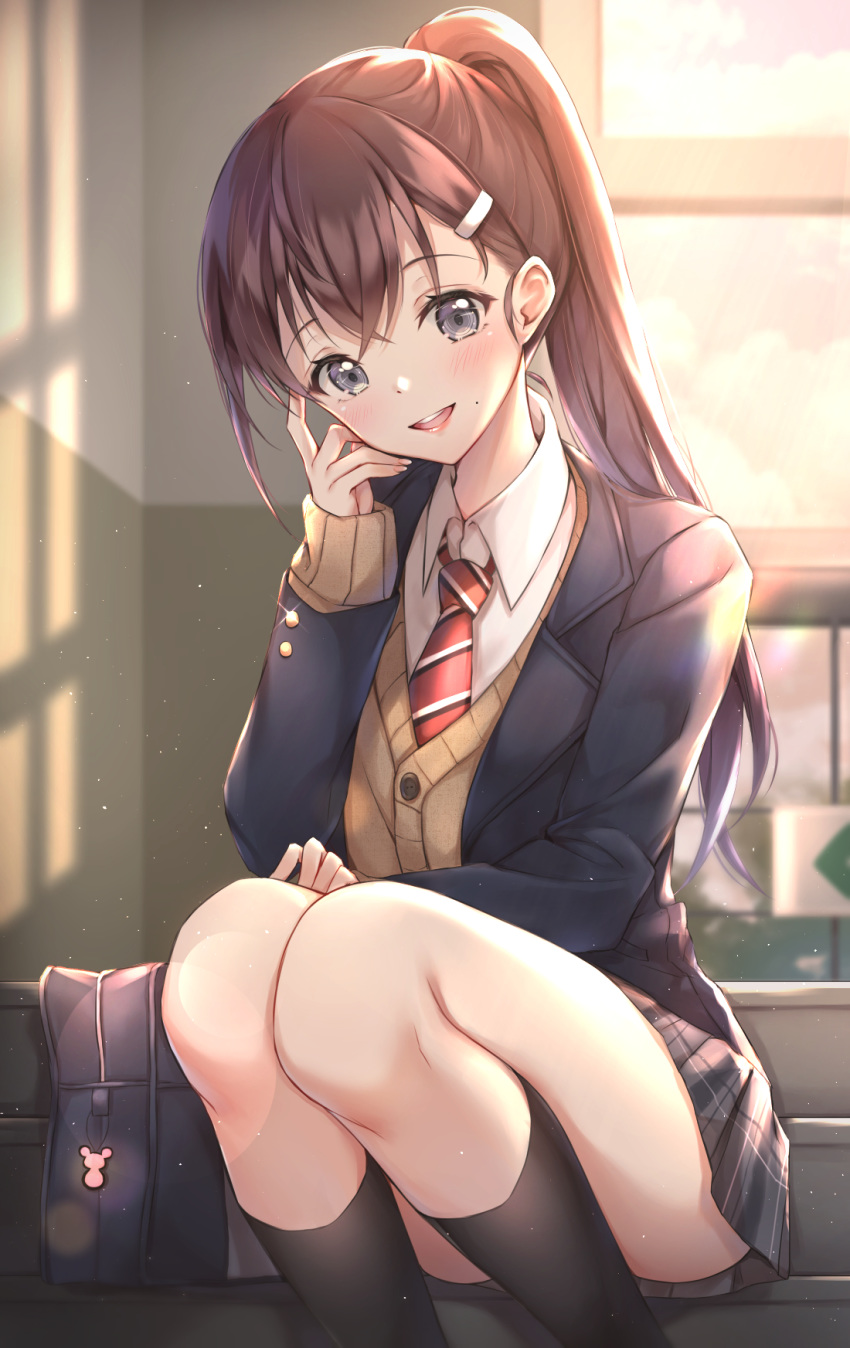 1girl bangs black_jacket blazer brown_cardigan brown_hair cuna_(qunya) hair_ornament hairclip hand_on_own_cheek high_ponytail highres jacket long_hair looking_at_viewer necktie open_clothes open_jacket original parted_lips red_hair ringed_eyes silver_eyes sleeves_past_wrists smile solo striped striped_neckwear