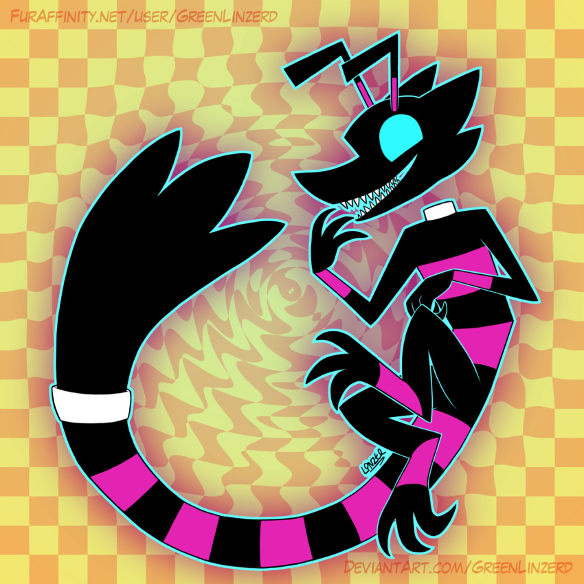 1:1 2019 abstract_background alien ambiguous_gender antennae_(anatomy) anthro big_tail black_body black_stripes blue_eyes checkerboard cmyk floating floating_head glowing glowing_eyes greenlinzerd hi_res long_tail monster pink_stripes sharp_teeth signature smile stripes teeth unknown_species watermark zazzik