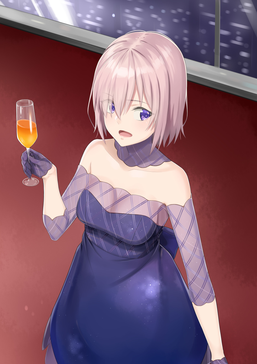 1girl absurdres arm_at_side bare_shoulders blush breasts cleavage collarbone commentary_request cup detached_collar dress drink drinking_glass eyebrows_visible_through_hair eyes_visible_through_hair fate/grand_order fate_(series) from_below gloves hair_over_one_eye highres indoors k-ya. looking_away looking_to_the_side mash_kyrielight medium_breasts off-shoulder_dress off_shoulder open_mouth pink_hair purple_eyes purple_gloves purple_legwear short_hair solo standing