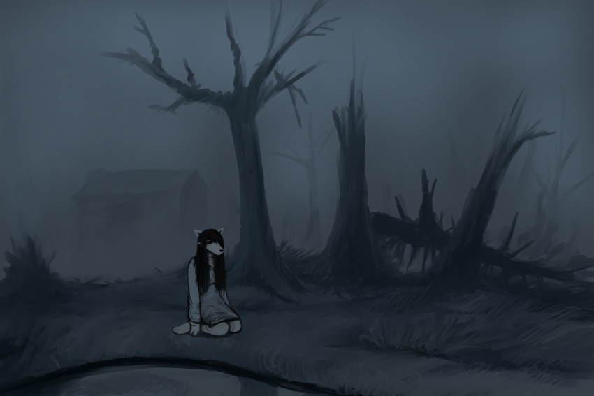 2019 anthro black_hair black_sclera building canid canine clothed clothing dead_tree digital_media_(artwork) female fur ghost_pupper hair hi_res hladilnik kneeling long_hair mammal outside red_pupils sad solo tree white_body white_fur wounded