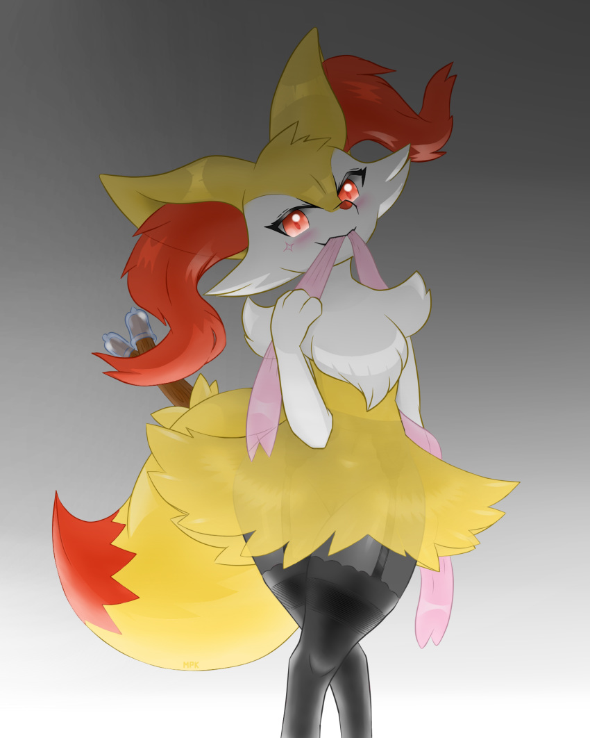 blush braixen clothing condom female fullfolka fur hi_res legwear looking_at_viewer navel nintendo pok&eacute;mon pok&eacute;mon_(species) pussy red_eyes solo standing stockings teeruuna translucent video_games