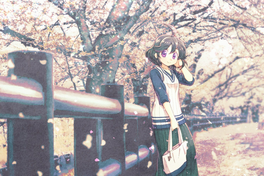 1girl ahoge arms_(game) bag black_hair breasts day hand_up handbag hizuki_(hiduki6121) long_skirt looking_at_viewer mechanica_(arms) outdoors photo_background purple_eyes railing short_hair skirt small_breasts smile solo tree