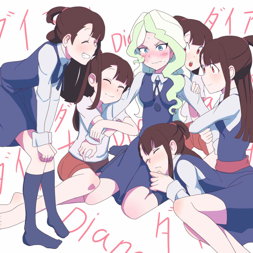 6+girls absurdres arm_around_shoulder blue_eyes blush brown_hair clone closed_mouth diana_cavendish embarrassed english_text hand_on_another's_shoulder happy harem highres jacksou kagari_atsuko legs little_witch_academia long_hair looking_at_another luna_nova_school_uniform lying_on_lap multicolored_hair multiple_girls open_mouth red_eyes school_uniform shorts skirt smile socks talking thighs translation_request two-tone_hair uniform wavy_hair wavy_mouth