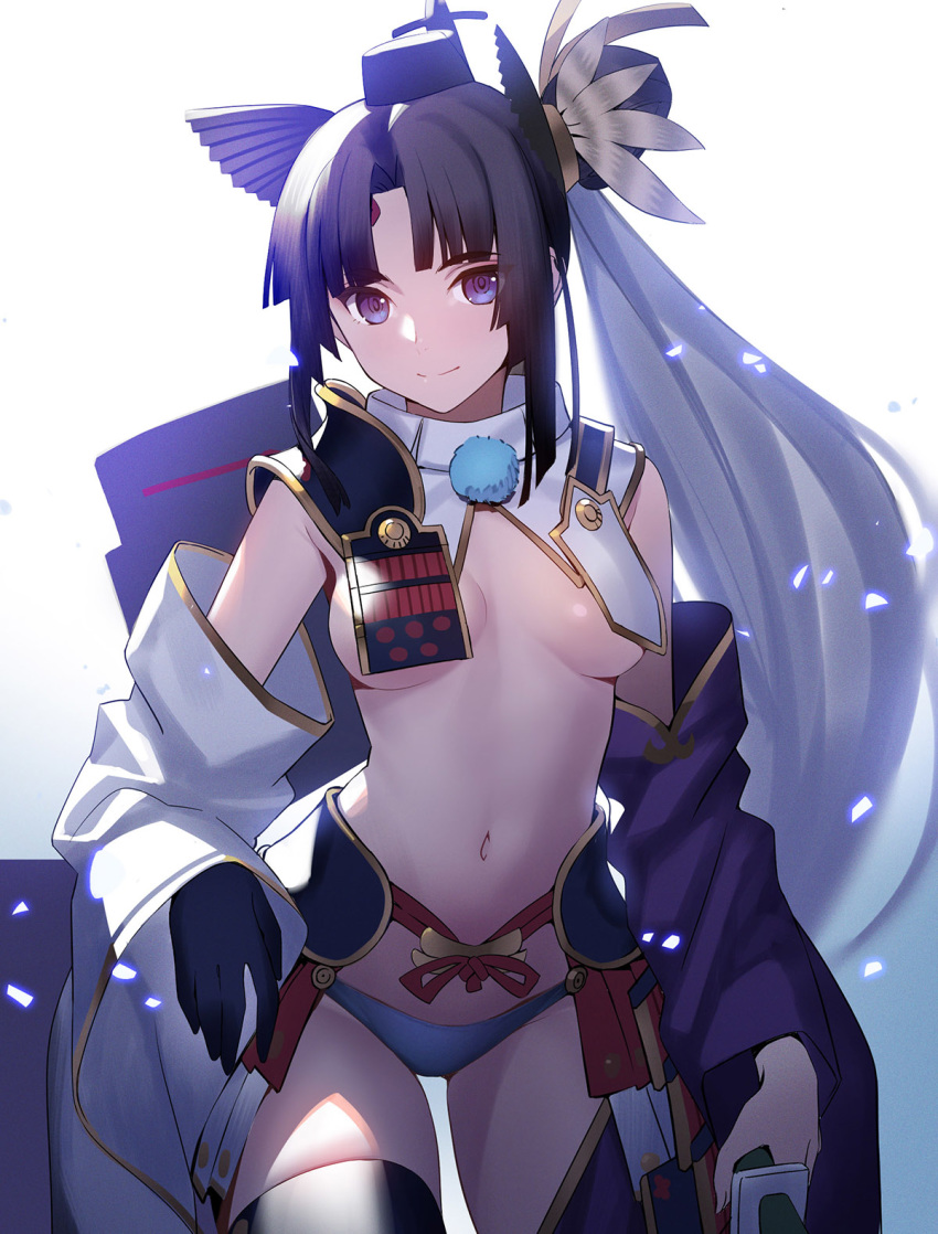 1girl bangs bare_shoulders black_gloves black_headwear black_legwear blue_pants breasts closed_mouth cowboy_shot detached_sleeves fate/grand_order fate_(series) fault!! feathers gloves hair_feathers highres holding holding_sword holding_weapon long_hair long_sleeves looking_at_viewer medium_breasts mismatched_sleeves navel pants parted_bangs purple_eyes shoulder_armor side_ponytail sidelocks siino simple_background single_glove solo spaulders stomach sword thighhighs ushiwakamaru_(fate/grand_order) very_long_hair weapon white_background wide_sleeves