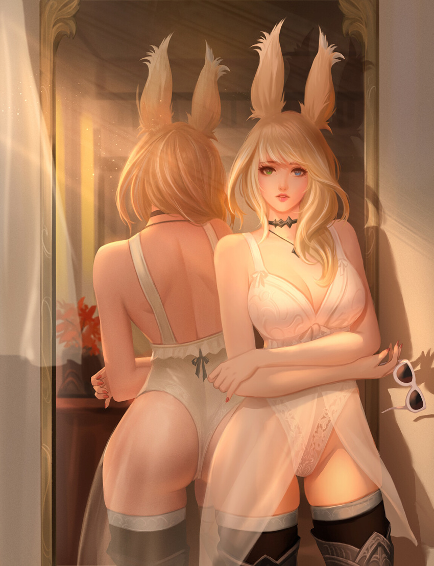 1girl animal_ears ass bangs blonde_hair boots breasts bunny_ears choker cleavage commission cowboy_shot crossed_arms day eyewear_removed final_fantasy final_fantasy_xiv hair_over_shoulder heterochromia highres indoors jewelry large_breasts leotard light_rays lips long_hair looking_at_viewer mirror mole mole_under_eye necklace nguyen_uy_vu parted_lips pendant reflection see-through solo standing sunglasses swept_bangs thigh_boots thighhighs thighhighs_under_boots viera