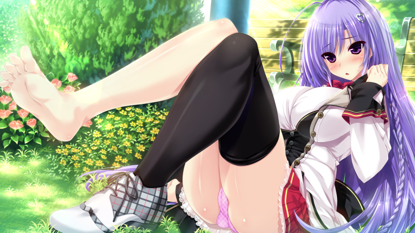 barefoot blush clochette flowers game_cg grass kokorone=pendulum! long_hair oshiki_hitoshi panties purple_eyes purple_hair school_uniform skirt tatewaki_chihaya thighhighs underwear