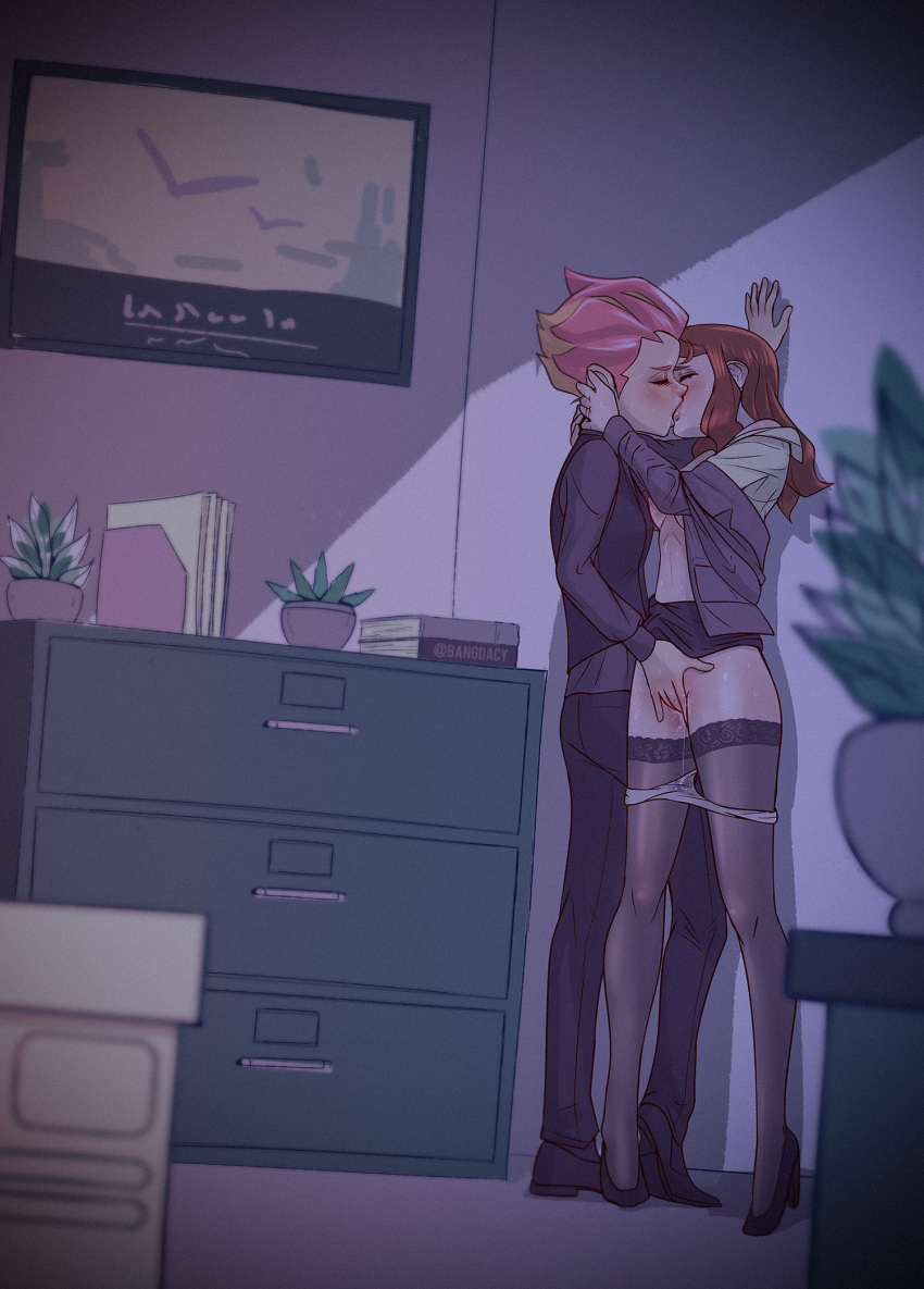 2girls against_wall amanda_o'neill arms_around_neck bang_dacy blonde_hair blush breasts brown_hair cheating closed_eyes clothed_sex eyeshadow fingering formal french_kiss full_body hanna_england high_heels highres indoors jewelry kiss legs lips little_witch_academia long_legs makeup medium_hair multicolored_hair multiple_girls night no_bra off_shoulder office office_lady open_clothes open_shirt pant_suit panties panty_pull pink_hair pussy_juice pussy_juice_trail reverse_trap ring shirt_lift short_hair skirt skirt_lift skirt_suit small_breasts suit sweat two-tone_hair underwear vest wedding_band yuri