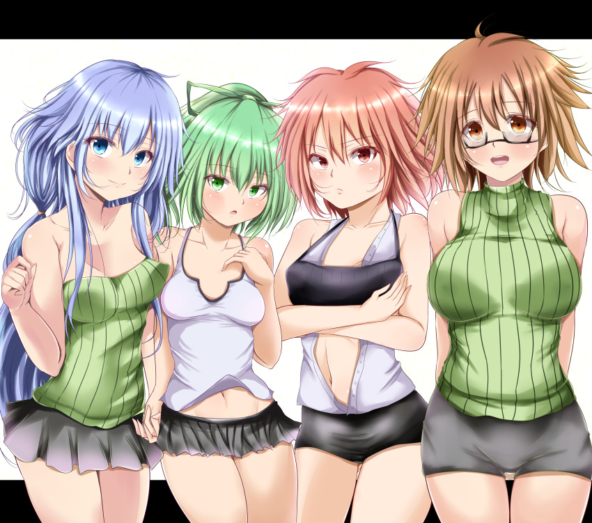 4girls absurdres aqua_eyes aqua_hair arms_behind_back aussa bangs breasts brown_eyes brown_hair center_opening collarbone commentary_request cowlick cropped_legs crossed_arms duel_angel duel_monster eria frown glasses green_eyes green_hair hair_ribbon highres hiita holding_hands large_breasts long_hair medium_breasts midriff_peek miniskirt multiple_girls navel open_mouth pleated_skirt ponytail red_eyes red_hair ribbed_sweater ribbon semi-rimless_eyewear shirt short_hair shorts skirt sleeveless sleeveless_shirt sleeveless_turtleneck small_breasts smile strapless sweater tank_top turtleneck turtleneck_sweater wynn yuu-gi-ou