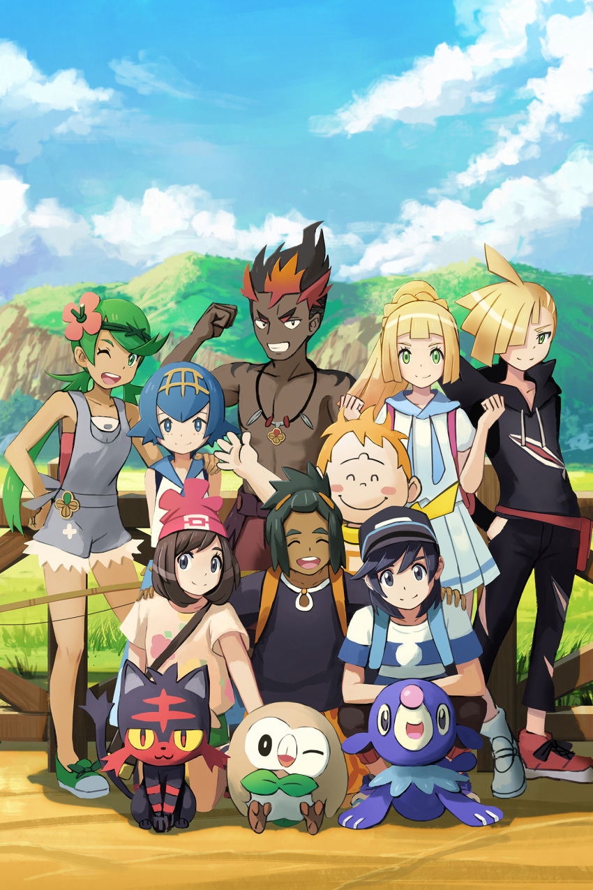 4girls 5boys :d ;d ^_^ arms_behind_back backpack bag bangs bare_arms bare_legs bare_shoulders baseball_cap beanie belt_pouch black_hair black_headwear black_pants black_shirt blonde_hair blue_eyes blue_hair blue_sky blush_stickers brown_hair clenched_hands closed_eyes closed_mouth cloud collarbone commentary dark_skin dark_skinned_male day fence fishing_rod flexing floral_print flower freckles gen_7_pokemon gladio_(pokemon) green_eyes green_footwear green_hair green_shorts grey_eyes grin hair_flower hair_ornament hair_over_one_eye hairband hand_on_another's_shoulder hand_on_hip hands_in_pockets hands_on_another's_shoulders hands_up hat hau_(pokemon) highres hood hoodie jewelry kaki_(pokemon) kneeling lillie_(pokemon) litten long_hair long_sleeves looking_at_viewer low_twintails mamane_(pokemon) mao_(pokemon) medium_hair mizuki_(pokemon) multicolored_hair multiple_boys multiple_girls one_eye_closed open_mouth orange_hair orange_shorts outdoors overall_shorts pants pendant pleated_skirt pokemon pokemon_(creature) pokemon_(game) pokemon_sm ponytail popplio pose pouch red_footwear red_hair red_headwear red_shorts redpoke rowlet shirt shirtless shoes short_hair short_shorts short_sleeves shorts shoulder_bag skirt sky smile sneakers squatting standing striped striped_shirt suiren_(pokemon) swept_bangs t-shirt torn_clothes torn_pants trial_captain twintails two-tone_hair v-shaped_eyebrows waving white_footwear white_skirt you_(pokemon)