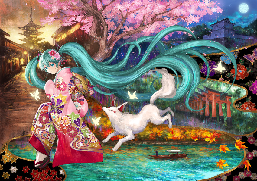 1girl animal_print aqua_eyes aqua_hair architecture autumn_leaves boat bug butterfly butterfly_print cherry_blossoms collage commentary east_asian_architecture floral_print flower fox from_side full_moon glowing_butterfly hair_flower hair_ornament hatsune_miku highres inari insect japanese_clothes kimono leaf long_hair looking_to_the_side maple_leaf moon multiple_torii outdoors pink_kimono river sandals socks solo temple torii tree twintails uanuan very_long_hair vocaloid watercraft wide_shot yasaka_pagoda