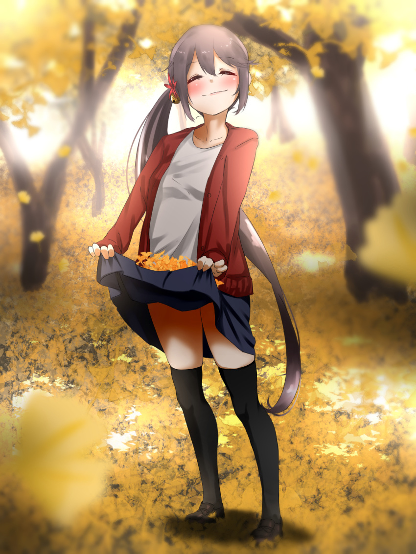 1girl akebono_(kantai_collection) alternate_costume autumn autumn_leaves bell black_legwear blue_skirt blush closed_mouth eyebrows_visible_through_hair flower full_body ginkgo ginkgo_leaf hair_bell hair_between_eyes hair_flower hair_ornament highres jacket jingle_bell kantai_collection leaf long_hair long_sleeves pleated_skirt purple_hair red_jacket shadow shirt side_ponytail skirt smile solo tama_(seiga46239239) thighhighs tree very_long_hair white_shirt