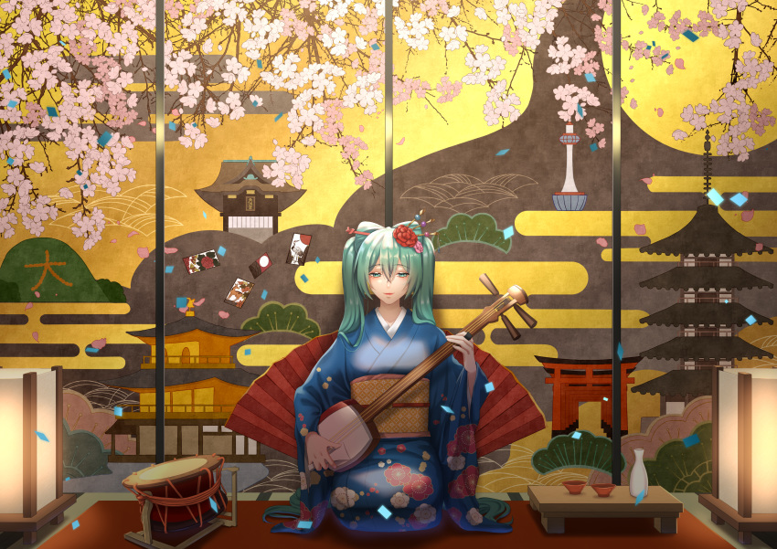 1girl absurdres aqua_hair architecture biwa_lute blue_kimono bottle cherry_blossom_print cherry_blossoms commentary confetti crane cup daimonji deer drum east_asian_architecture egasumi eyeshadow fan floral_print flower hair_flower hair_ornament hair_stick hatsune_miku highres holding holding_instrument huge_filesize indoors instrument japanese_clothes kimono kyoto_tower lantern light_smile lipstick long_hair looking_at_viewer lute_(instrument) makeup moon_print mural music obi pagoda petals playing_instrument sakazuki sake_bottle sash seiza sitting solo sumomo7317 taiko_drum temple torii twintails very_long_hair vocaloid yasaka_pagoda