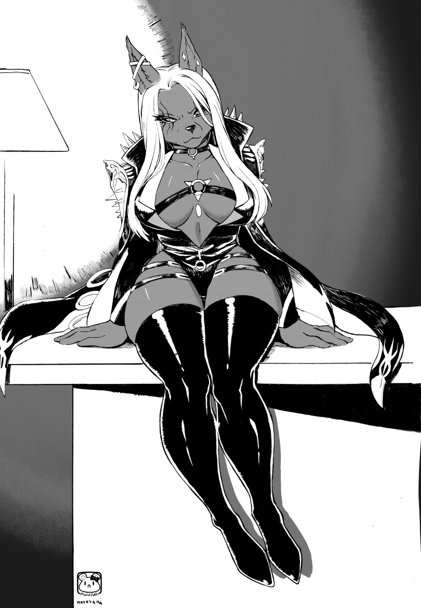 absurd_res breasts canid canine clothing desk dog_head doghead_(character) dungeon_fighter dungeon_fighter_online female furniture hair hi_res legwear leotard long_hair looking_at_viewer mammal monochrome murazaki sitting suit_jacket thigh_highs