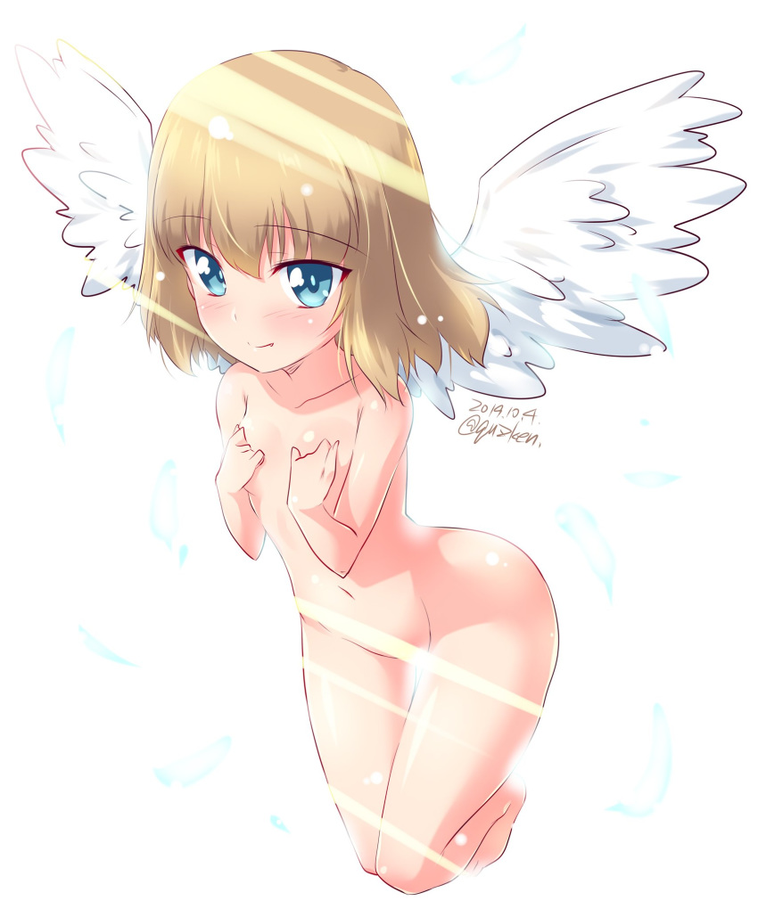 1girl angel angel_wings bangs barefoot blonde_hair blue_eyes blush breasts closed_mouth commentary covering covering_breasts dated eyebrows_visible_through_hair fang feathers floating full_body girls_und_panzer highres katyusha kuzuryuu_kennosuke leaning_forward legs_up light light_censor light_particles looking_at_viewer short_hair simple_background small_breasts smile solo thigh_gap twitter_username white_background white_wings wings