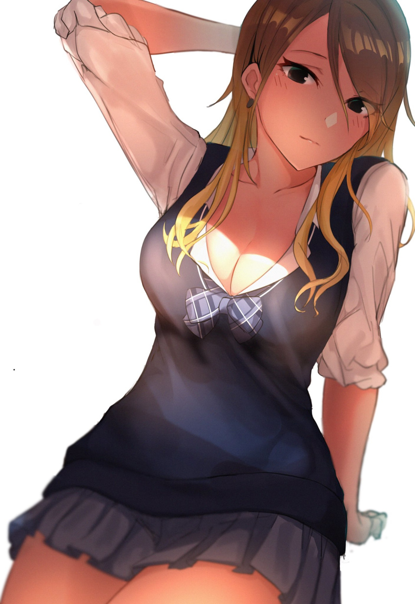 1girl arm_behind_head bangs black_eyes blonde_hair blue_vest blush bow bowtie breasts brown_hair cleavage closed_mouth collarbone collared_shirt dark_skin dress_shirt earrings gradient_hair grey_skirt gyaru hair_between_eyes highres idolmaster idolmaster_shiny_colors izumi_mei jewelry kano_(kanokano44) large_breasts light_smile long_hair looking_at_viewer multicolored_hair plaid plaid_legwear pleated_skirt shirt simple_background skirt sleeves_rolled_up solo thighs vest white_background white_shirt