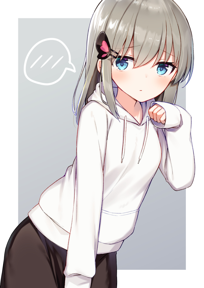 1girl bangs blue_eyes closed_mouth drawstring eyebrows_visible_through_hair furrowed_eyebrows grey_hair hair_between_eyes hand_up highres hood hood_down hoodie long_hair long_sleeves original sleeves_past_wrists solo speech_bubble spoken_blush straight_hair white_hoodie yukarite