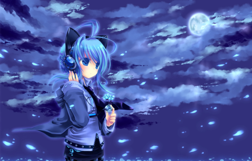 blue_eyes blue_hair headphones konno_kengo moon night original sky waifu2x