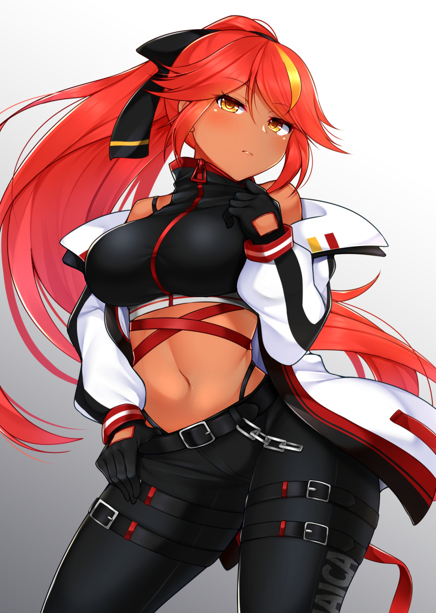 1girl azur_lane bangs bare_shoulders belt black_belt black_bow black_pants black_shirt blonde_hair blush bow breasts commentary_request cowboy_shot crop_top eyebrows_visible_through_hair gradient gradient_background grey_background hair_between_eyes hair_bow hand_up head_tilt highleg highleg_panties highres jacket jamaica_(azur_lane) jamaica_(highway_star)_(azur_lane) large_breasts long_hair long_sleeves looking_at_viewer midriff multicolored_hair navel off_shoulder open_clothes open_jacket panties pants ponytail red_hair shirt sidelocks sleeveless sleeveless_shirt solo standing stomach streaked_hair thigh_strap thighs tokoya_(ex-hetare) underwear very_long_hair white_background white_jacket yellow_eyes