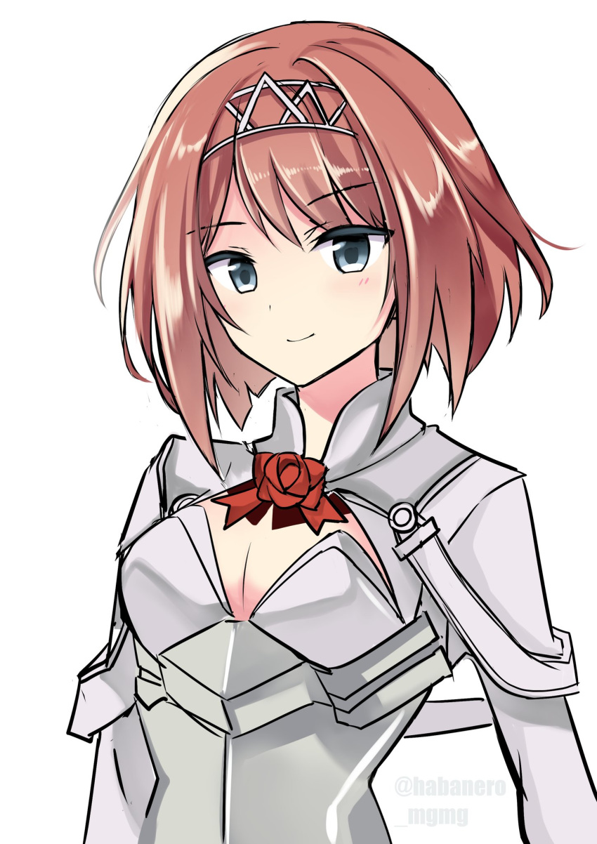 1girl ark_royal_(kantai_collection) bangs blue_eyes blunt_bangs bob_cut breasts cleavage_cutout fathom hairband highres inverted_bob kantai_collection long_sleeves looking_at_viewer medium_breasts red_hair red_ribbon ribbon short_hair simple_background smile solo tiara upper_body white_background