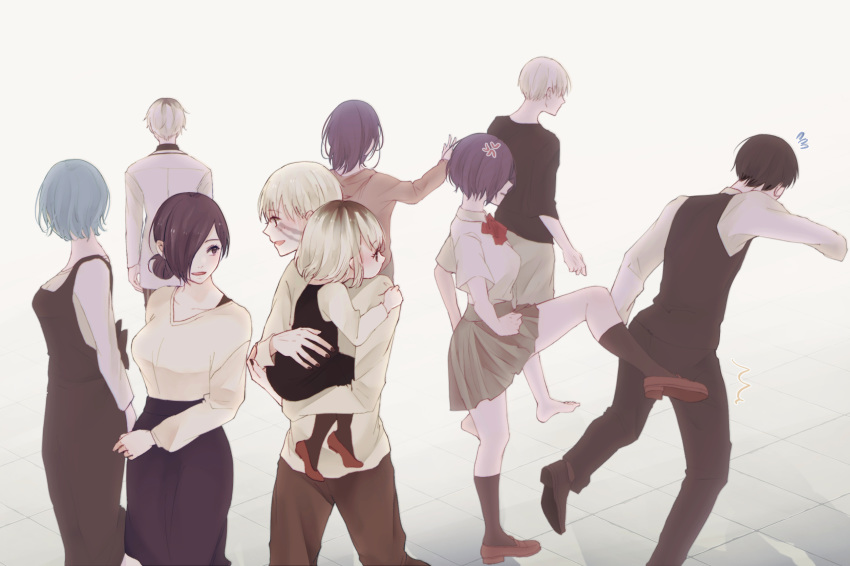 1boy 2girls angry_vein bangs black_dress black_hair black_shirt commentary_request dress facial_scar highres jacket kaneki_ichika kaneki_ken kirishima_touka kneehighs multicolored_hair multiple_girls multiple_views parted_bangs pleated_skirt purple_hair red_footwear red_legwear scar school_uniform shirt shoes shorts skirt smile spoilers time_paradox tokyo_ghoul toukaairab two-tone_hair waitress white_hair white_jacket white_shirt