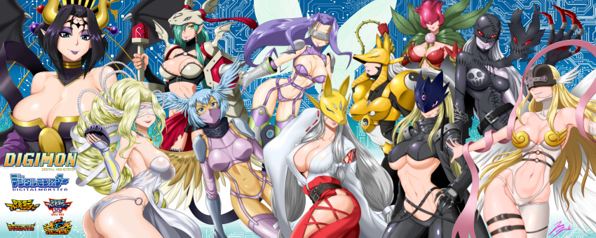 6+girls abs absurdres angel_wings angewomon armpits ass ass_visible_through_thighs beelstarmon belt blindfold blonde_hair blue_eyes blue_hair bodysuit breasts butterfly_wings cameltoe chain check_commentary clam_shell claws cleavage collarbone commentary_request copyright_name covered_mouth dark_skin demon_wings detached_sleeves digimon dress dual_persona eyeliner facepaint fairymon fang fox_mask gauntlets hair_over_one_eye hair_wings hand_on_hip helmet highres holding holding_sword holding_weapon horns huge_filesize japanese_clothes jazzjack jewelry ladydevimon large_breasts light_green_hair lilithmon lipstick long_hair makeup mask mervamon midriff miko mismatched_legwear mismatched_sleeves mole mole_under_eye multiple_girls navel navel_cutout o-ring o-ring_bottom o-ring_top off_shoulder parted_hair pointy_ears purple_eyes purple_hair red_eyes rosemon sakuyamon shoulder_pads shutumon sideboob signature silver_hair single_arm_warmer skull_print smile strapless strapless_dress sword tagme third_eye thorns underboob venusmon very_long_hair visor weapon whip wings yin_yang yin_yang_print