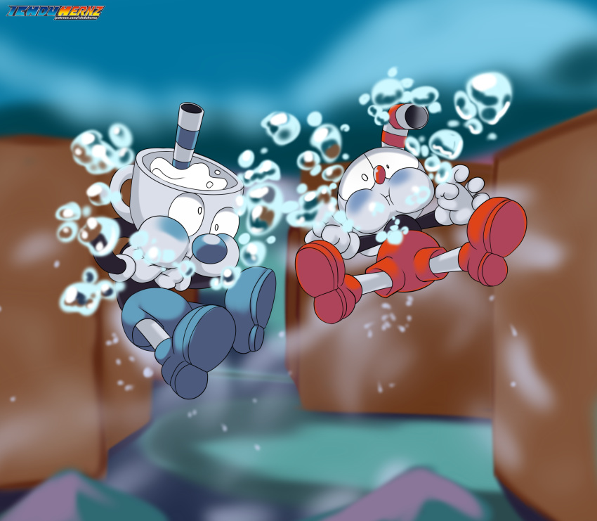 absurd_res air_bubbles asphyxiation brother bubble cuphead_(character) cuphead_(game) drowning duo for_a_head hi_res holding_breath ichduhernz male mugman peril puffed_cheeks sibling underwater video_games water