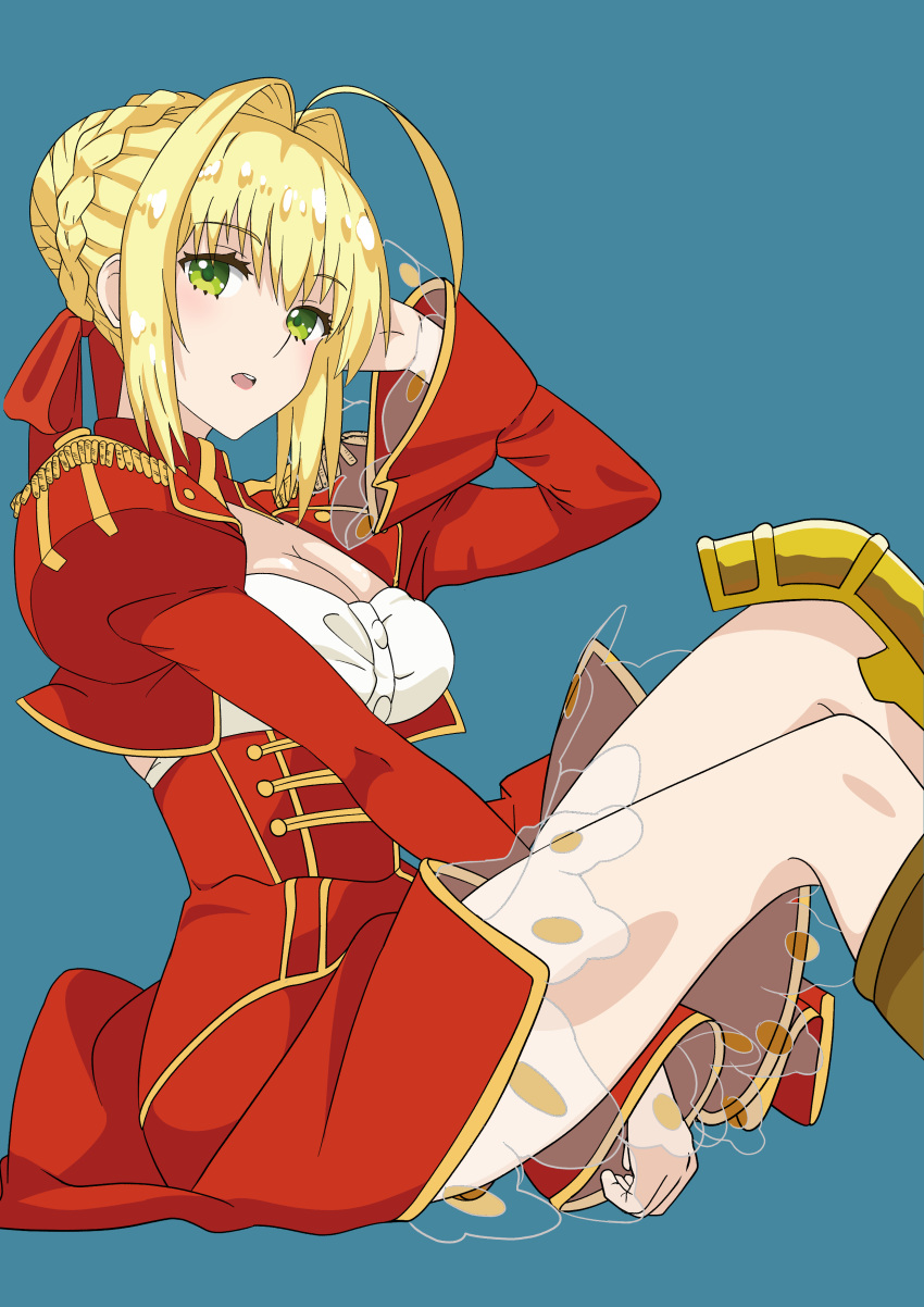 1girl absurdres ahoge aqua_background bangs blonde_hair blush braid breasts cleavage dress epaulettes fate/extra fate_(series) french_braid green_eyes hair_between_eyes hair_bun hair_intakes hair_ribbon hand_in_hair highres knees_up large_breasts long_hair long_sleeves looking_at_viewer nero_claudius_(fate) nero_claudius_(fate)_(all) open_mouth red_dress red_ribbon ribbon shiny shiny_hair sidelocks simple_background sitting solo sungose thighs