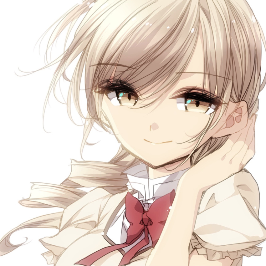 1girl backlighting blonde_hair close-up collar_up collared_shirt drill_hair eyebrows_visible_through_hair eyelashes eyes_visible_through_hair face floating_hair half-closed_eyes hand_in_hair hand_up happy highres light_particles light_smile looking_at_viewer mahou_shoujo_madoka_magica misteor mitakihara_school_uniform neck_ribbon puffy_short_sleeves puffy_sleeves ribbon school_uniform shiny shiny_hair shirt short_sleeves simple_background smile solo tomoe_mami twin_drills uniform upper_body white_background yellow_eyes