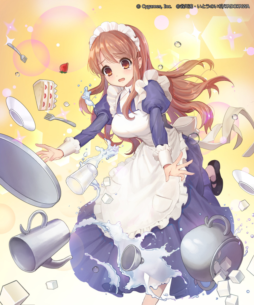 1girl absurdres apron artist_request asahina_mikuru breasts brown_eyes cake commentary_request copyright_name cygames dress eyebrows_visible_through_hair failure food full_body highres long_dress long_hair long_sleeves maid maid_apron maid_cap maid_dress official_art open_mouth orange_hair shadowverse solo suzumiya_haruhi_no_yuuutsu tray