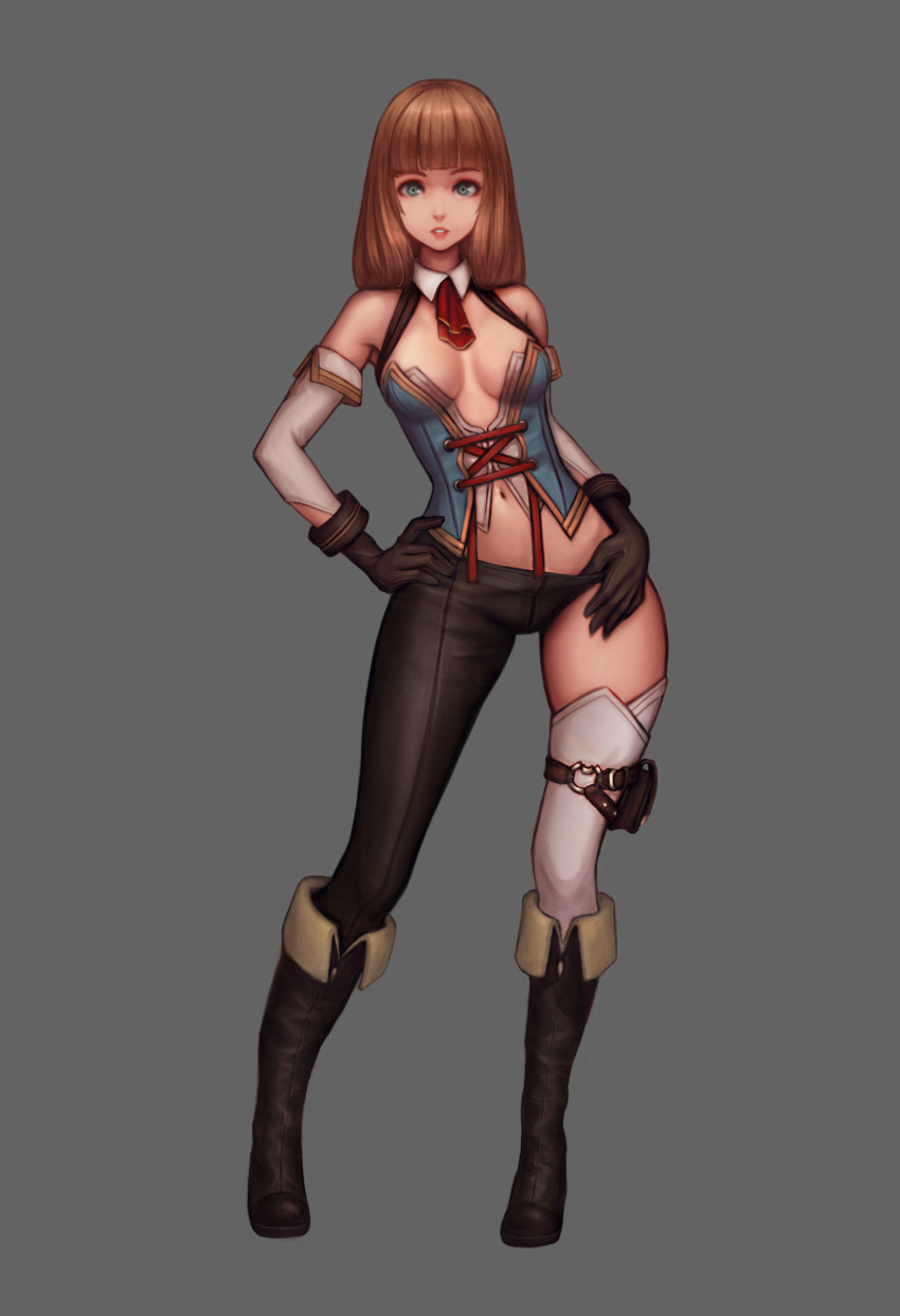 1girl absurdres black_gloves boots breasts brown_hair gloves green_eyes grey_background highres jungon_kim long_hair looking_at_viewer medium_breasts navel original simple_background solo