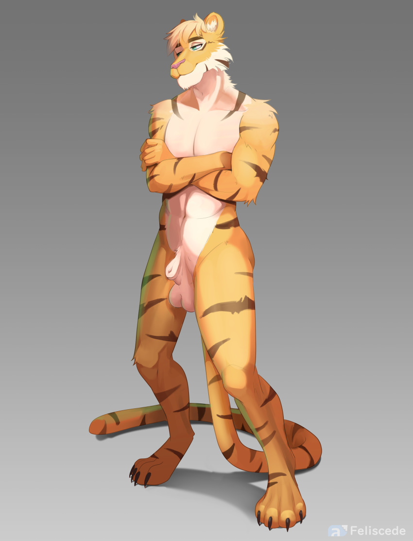 abdominal_muscles absurd_res animal_genitalia anthro athletic balls blonde_hair claws crossed_arms felid feline feliscede fur green_eyes hair hi_res long_tail lurien_(character) male mammal nude orange_body orange_fur pantherine sheath solo striped_body striped_fur stripes tiger