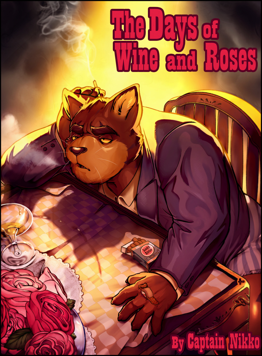 absurd_res anthro band-aid bandage boxers_(clothing) business_suit captain_nikko chair cigarette clothed clothing comic cover cover_page cut_(disambiguation) domestic_cat drunk felid feline felis flower furniture glass half-closed_eyes hi_res jack_(captain_nikko) male mammal partially_clothed plant rose_(flower) sitting smoke smoking solo substance_intoxication suit tabby_cat table text underwear wounded