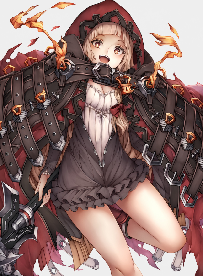 1girl :d belt_buckle bow_(weapon) breasts brown_eyes brown_hair buckle cleavage cloak commentary_request diamond-shaped_pupils dress highres holding holding_bow_(weapon) holding_weapon hood inaba_sunimi leg_up little_red_riding_hood_(sinoalice) long_hair looking_at_viewer open_mouth red_cloak ribbed_dress simple_background sinoalice small_breasts smile solo symbol-shaped_pupils thighs weapon white_background white_dress