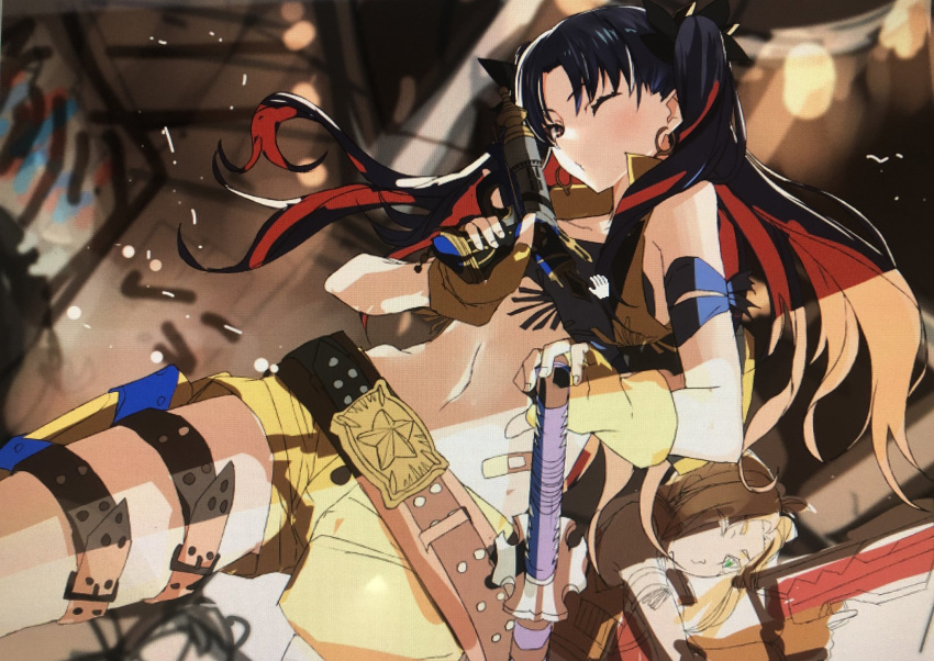 2girls ahoge alternate_costume arm_strap bandaid bangs belt belt_buckle black_hair blonde_hair blurry blurry_background blush brown_belt buckle collared_vest cowboy_shot cropped_vest cursor dutch_angle earrings fate/grand_order fate_(series) fingernails gloves green_eyes gun hair_ribbon hand_cursor hand_on_hilt highres holding holding_gun holding_weapon holster hoop_earrings ishtar_(fate/grand_order) jewelry light_particles long_hair looking_at_viewer multiple_girls navel one_eye_closed open_clothes open_vest parted_bangs red_eyes red_hair reflective_eyes ribbon shade sheath sheathed short_shorts shorts sketch stomach sword tagme thigh_strap thighs tsuuhan two_side_up vest weapon wind yellow_gloves yellow_shorts yellow_vest