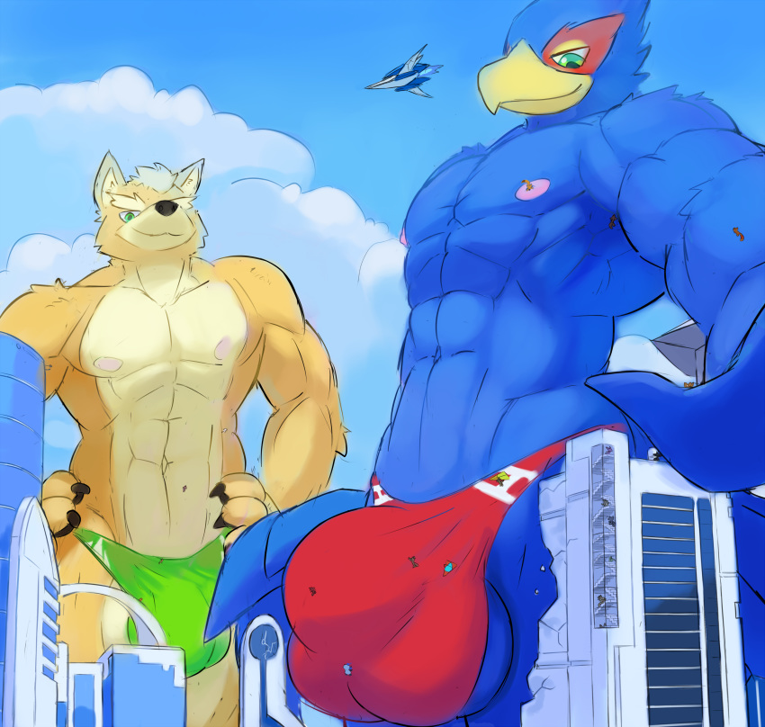 2019 absurd_res anthro arwing avian bird building bulge canid canine city clothing corneria destruction falco_lombardi fox fox_mccloud hi_res macro male mammal micro nintendo ozoneserpent speedo star_fox swimwear video_games worship