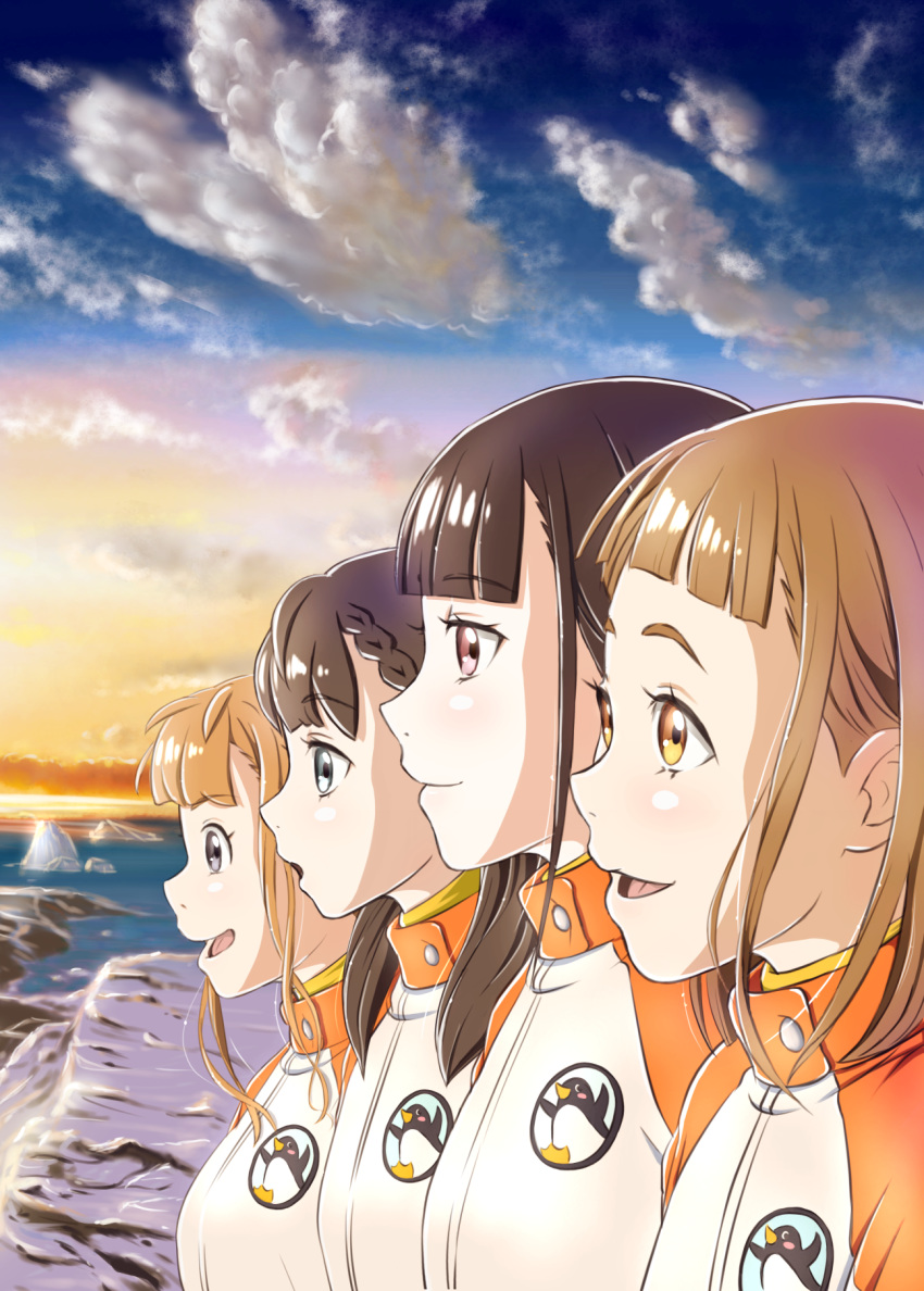 4girls bangs blue_eyes blue_sky blunt_bangs braid brown_eyes brown_hair cloud gradient_sky highres jacket kobuchizawa_shirase long_hair miyake_hinata multiple_girls oshiyon outdoors profile shiraishi_yuzuki short_hair silver_eyes sky sora_yori_mo_tooi_basho standing sunrise tamaki_mari upper_body water