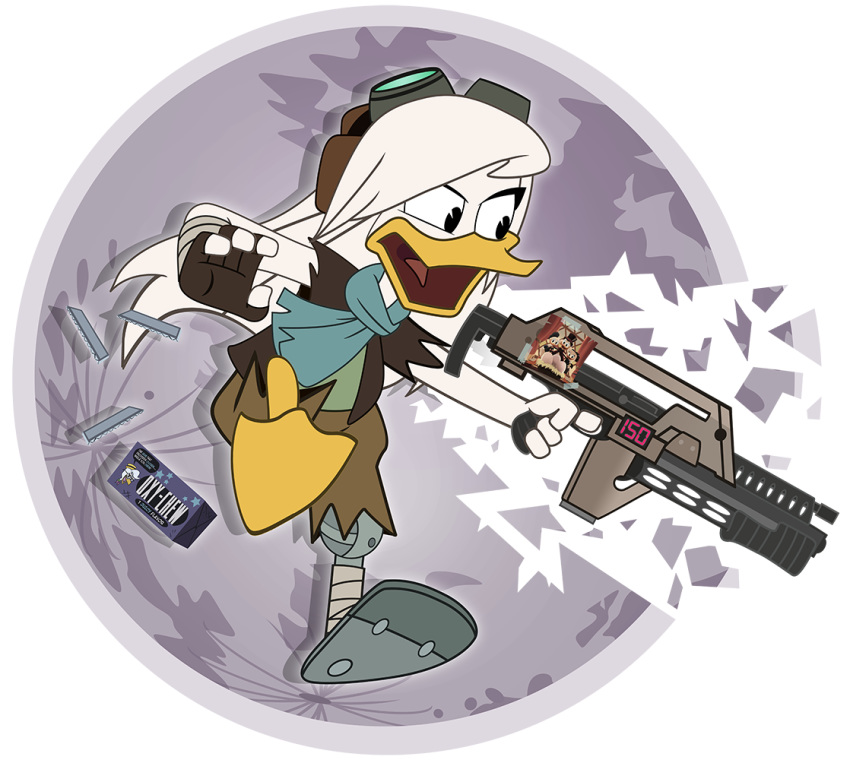 2019 4_fingers alpha_channel anatid anseriform anthro avian beak bird candy chewing_gum clothed clothing cybernetic_leg della_duck digital_media_(artwork) disney donald_duck duck ducktales ducktales_(2017) egg eyewear female fingerless_gloves fingers food gloves goggles goggles_on_head gum hair handwear holding_object holding_weapon long_hair membrane_(anatomy) open_mouth photo pixelkitties scarf scrooge_mcduck solo tape torn_clothing weapon webbed_feet white_body white_hair yellow_beak