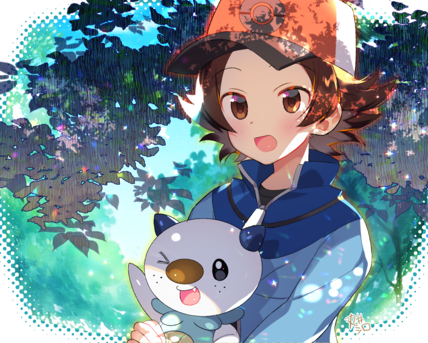 &gt;_o 1boy akemaru baseball_cap blush brown_eyes brown_hair fang gen_5_pokemon hat jacket looking_at_viewer one_eye_closed open_mouth oshawott outdoors pokemon pokemon_(game) pokemon_bw shade smile touya_(pokemon) tree waving