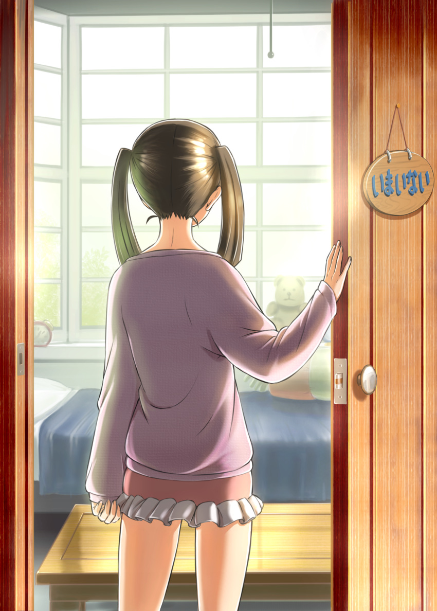 1girl alarm_clock arm_at_side bed brown_hair clock facing_away hand_up highres indoors oshiyon pillow pink_skirt shirt skirt solo sora_yori_mo_tooi_basho standing tamaki_rin twintails window